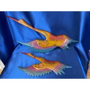 Vintage Wooden Pair of Flying Crain Birds Wall Hanging Decor